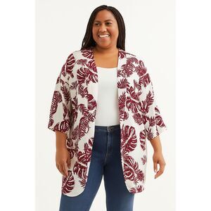Women’s Stitchworks Leaf Print Kimono - Size 2X - Burgundy and White